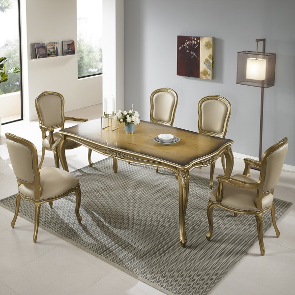 명품 SW 에이스 의자 가죽 골드 브라운 클래식 디자인 앤틱식탁 6인용 4인용 엔틱식탁 세트